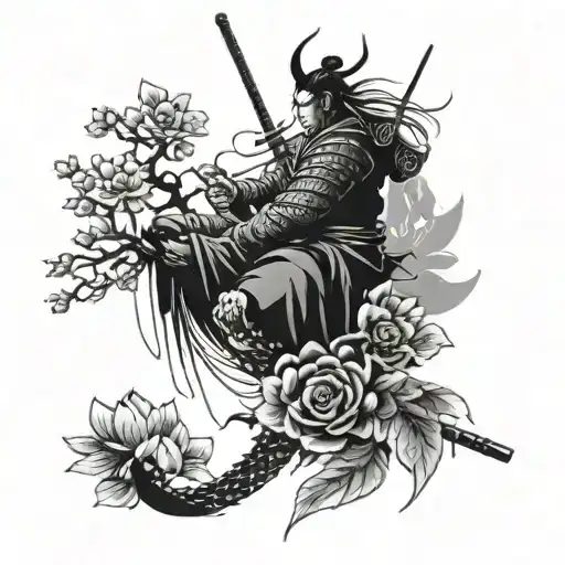 Samurai And Dragon Wrapped Lotus Flowers And Cherry Blooms Tree Secen