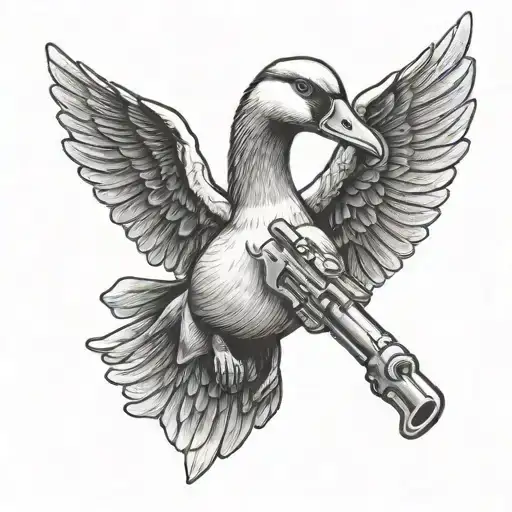 Goose Holding Different Weapons In Mouth