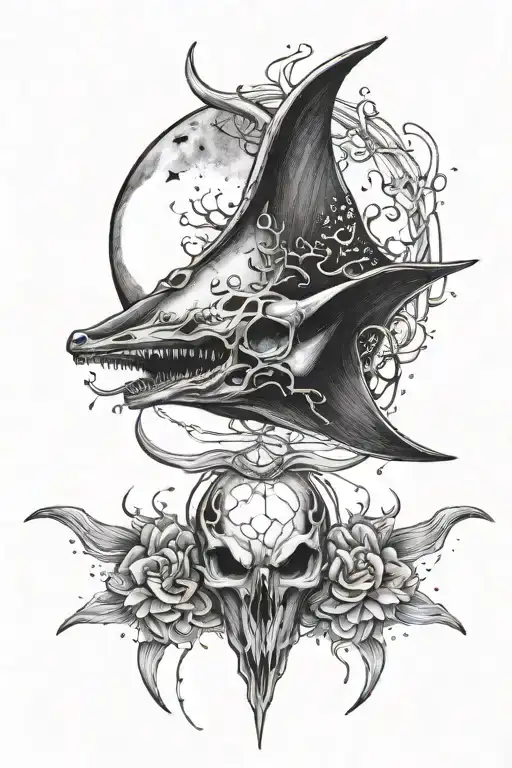Manta Ray And Deer Skull And Moon Phases Intertwined