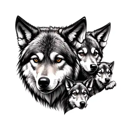Wolf With 3 Pups