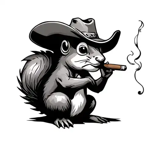 Squirrle Wearing A Cowboy Hat Sitting Smoking A Cigar
