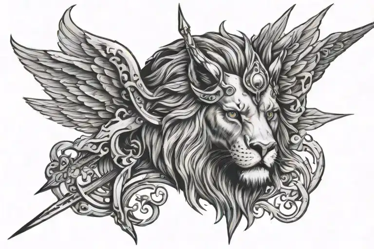 Half Lion Face Half Eagle Face With A Trident Surrounded