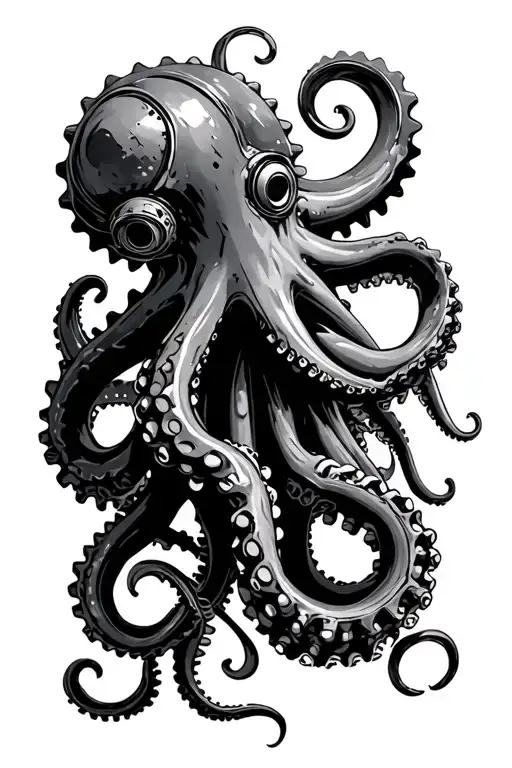 Octopus Mechanical Rusty Scrap Metal Gear Wheel Tentacles Reaching Down