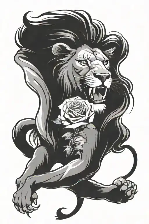 Live Animal Lion Carrying A White Rose In Mouth