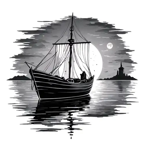 Boat In Calm Waters With The Moon In A Diminishing Room