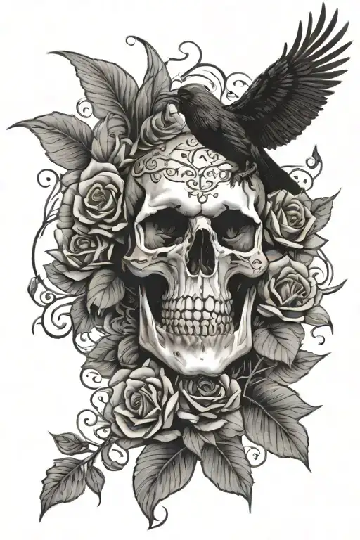 Skull With Raven Perched Surrounded By Roses And Lotus Flowers