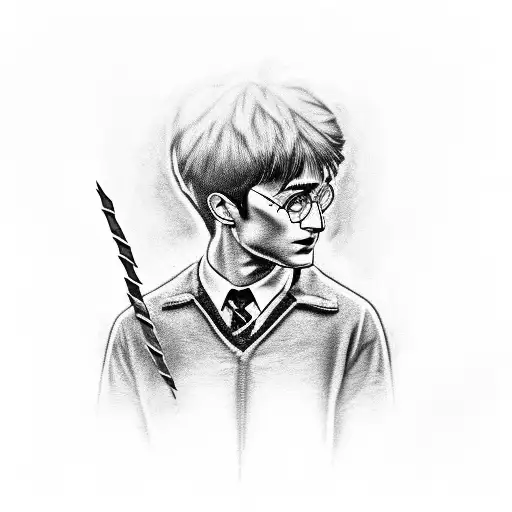 A Realistic Black And Grey Portrait Of Harry Potter Holding A Lightning Bolt Wand