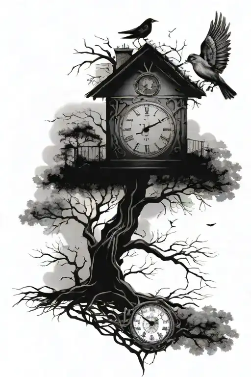 Tattoo With Tree With Roots And Birds Flying With A Clock Above