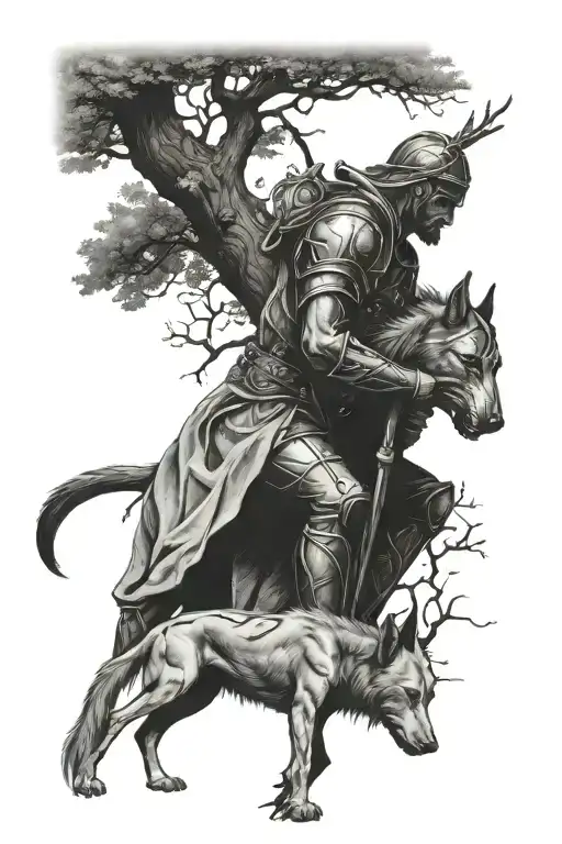 Tree Of Life With A Weary Knight Resting Under The Tree With His Faithful Dog Protecting Him