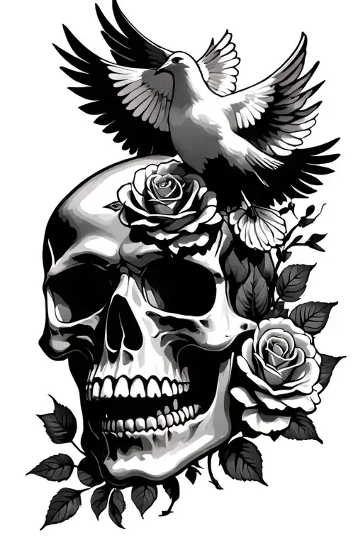 Skull With Roses And White Dove Holy Spirit Above