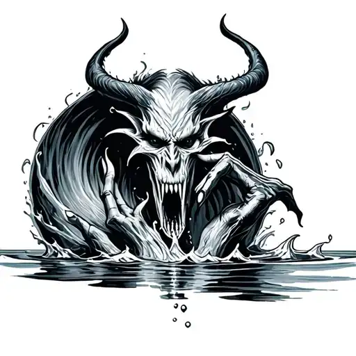 Black And Gray Half Arm Sleeve Tattoo Demon Hand Coming Out Of Water