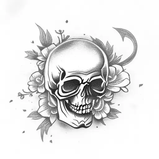 Skull With Flowers And Tribal
