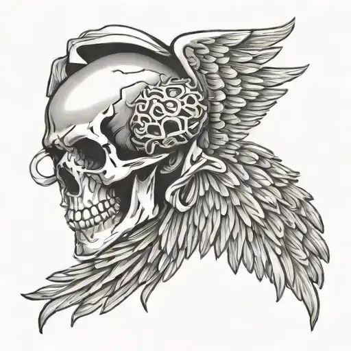 Gray Brain Cancer Ribbon With Angel Wing And Skull Brain