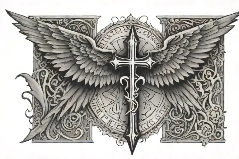 Spread Wings With Cross In The Midde And Roman Numerals