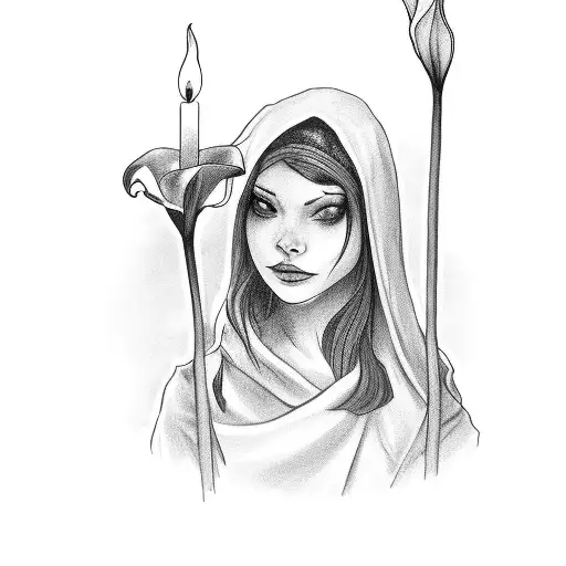 Girl Wearing A Cloak Holding A Candle With Calla Lily And 2 Coins