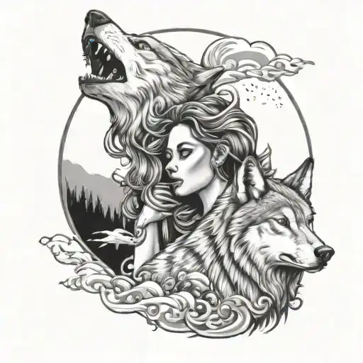 Amazon Girl And Wolf Howling At The Moon
