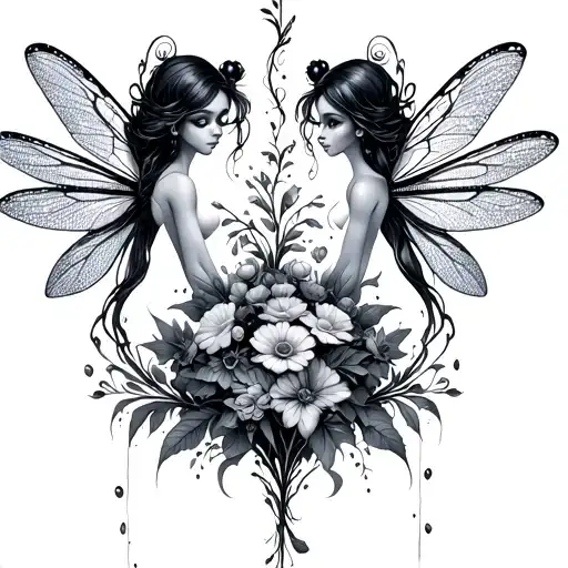 Two Dragonfly Looking Fairies With A Bouquet In Between Them On A Vertical Scale Dark Whimsical