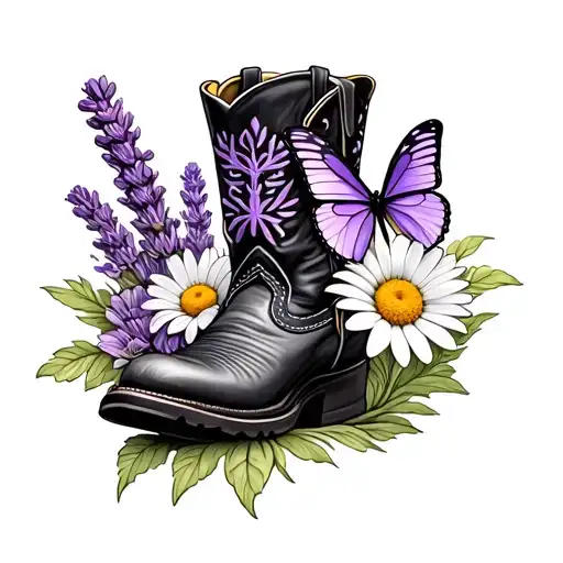 Cowboy Boot With A Lavender Butterfly And A Daisy Flower