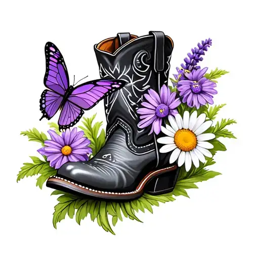 Minimalist Cowboy Boot With A Lavender Butterfly And A Daisy Flower