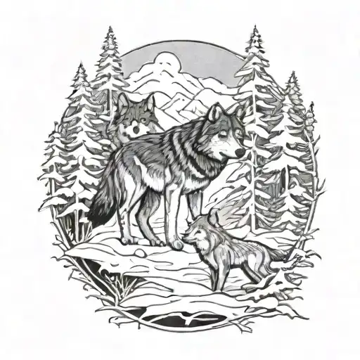 Wolves In The Snow Forest Scene