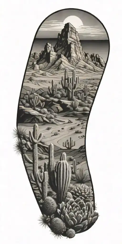 Mountain Landscape Transition To Desert Landscape Filled With Cacti