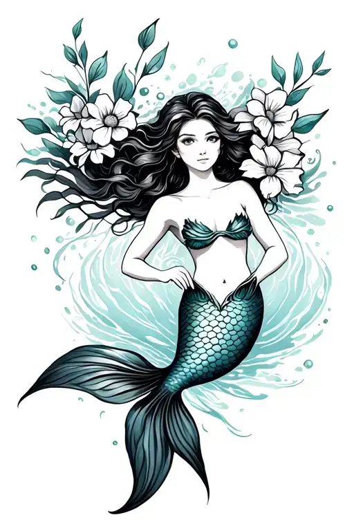 Swimming Mermaid With Flowers