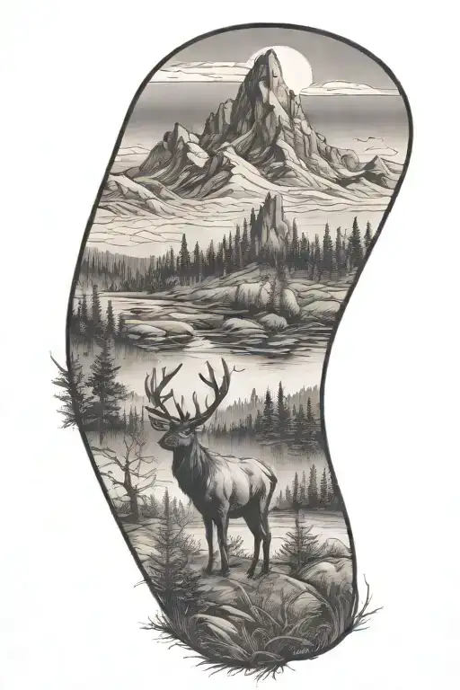 Woods And Mountain Landscape With Elk Standing