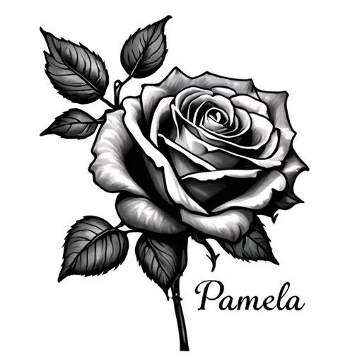 Rose Tattoo With The Stem Says Pamela In Heart Shap