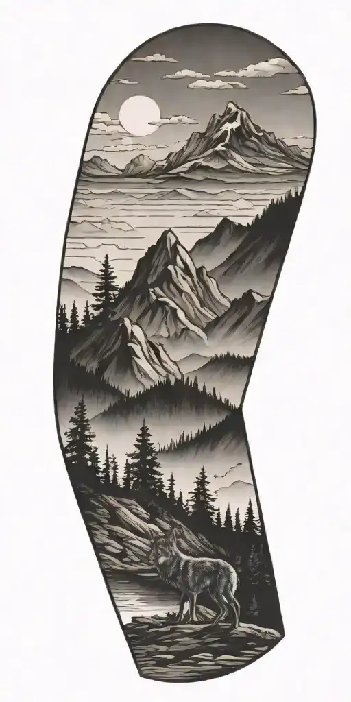 Wooded Mountain Scene At Top Transitioning To Desert Landscape On Forearm With Coyote