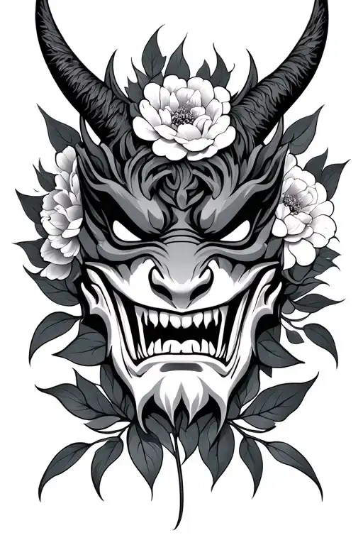 Black And Grey Oni Mask With Either Some Distortion On A Part Of It Or Peonies