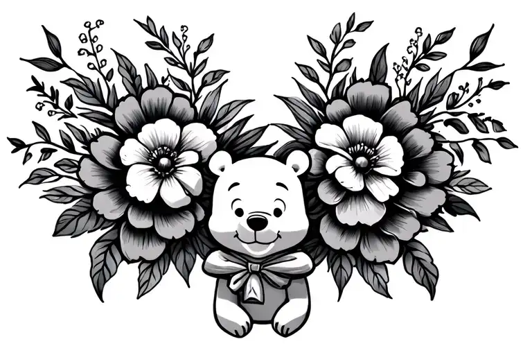 Floral Design From Shoulder To Shoulder With Winnie Pooh In Center