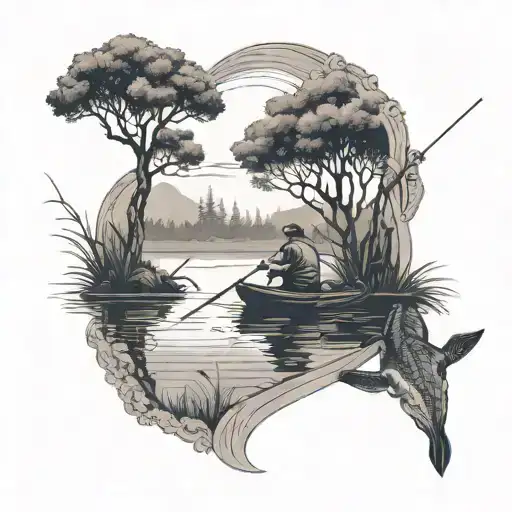A Serene Fishing Scene With A Person Casting A Line Into A Tranquil Lake Surrounded By Nature