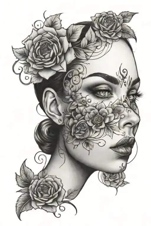 Creepy Looking Women Face Surrounded By Floral Patterns