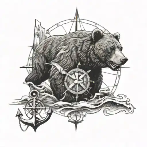 Bear Roar And Clawing In The Sea With A Compass And Anchor By The Side Of The Bear