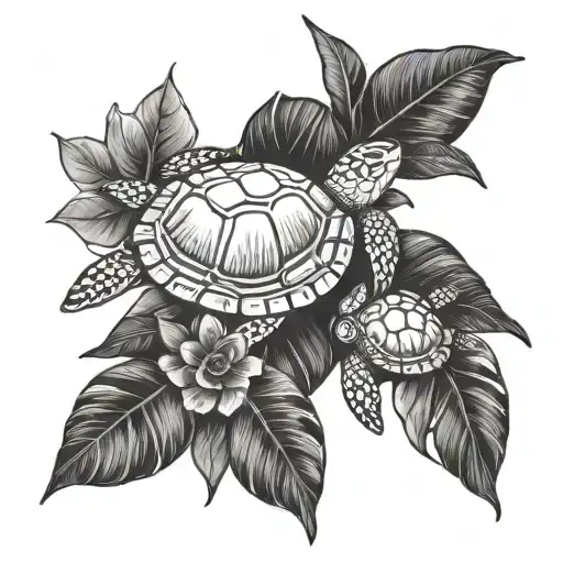Coconut Leaves And Small Sea Turtles Swimming With Bougainvillea Flower