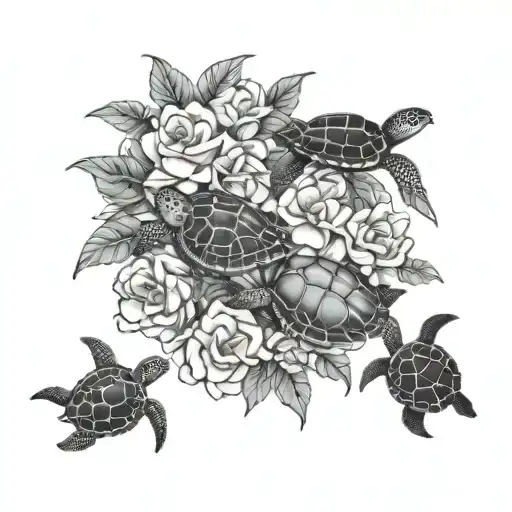 Guam Bougainvillea Flower With Baby Sea Turtles Swimming Together