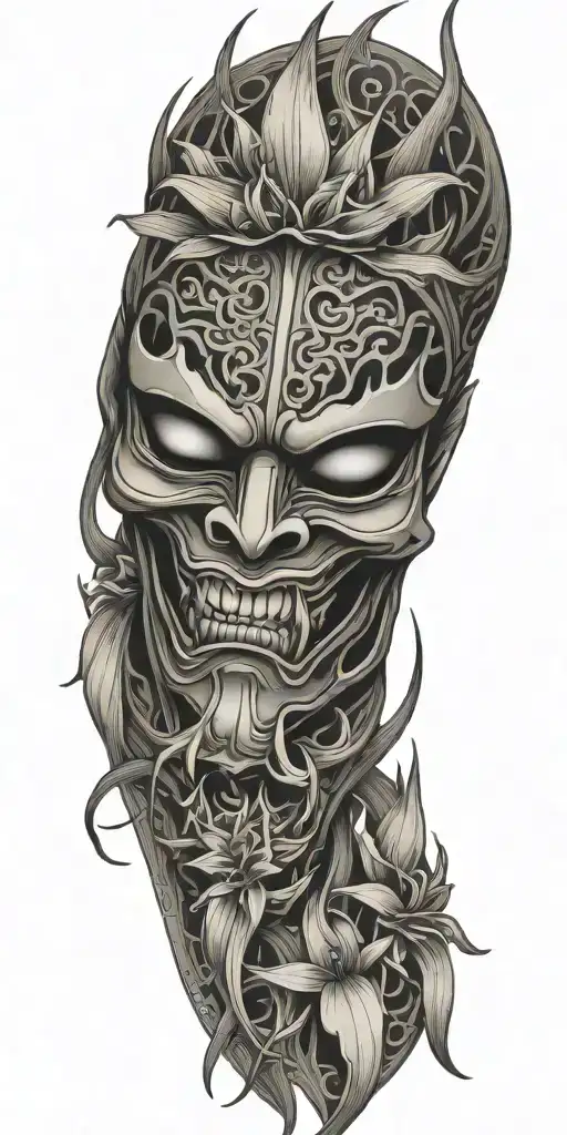 Japanese Oni Mask Featuring Spider Lillies