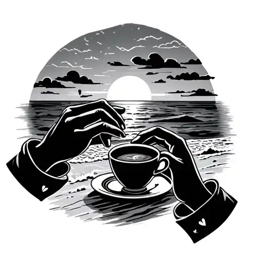 Hands Drinking Coffee On The Beach With A Sunset With A Lot Of Love