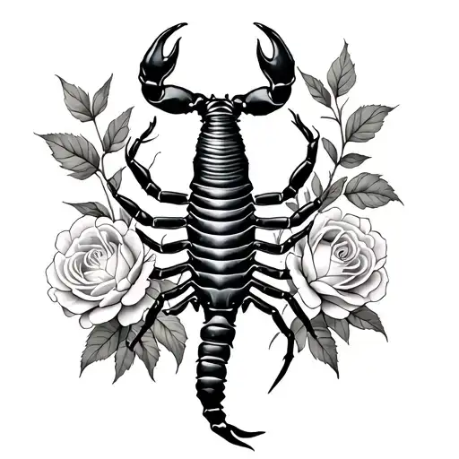 Scorpion Tatto With Carnation And Rose Surrounded