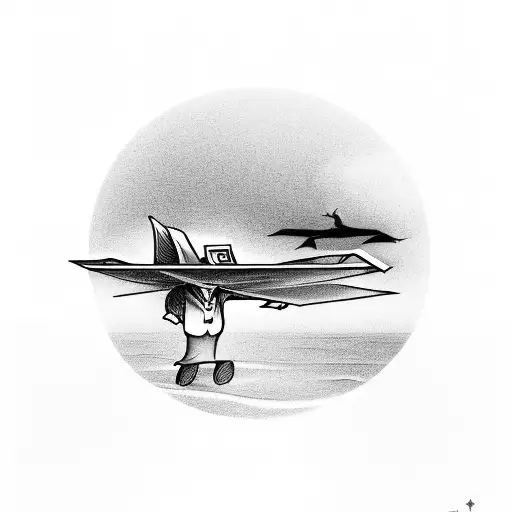 A Businessman Flying A Paper Airplane Over A Beach Sunset