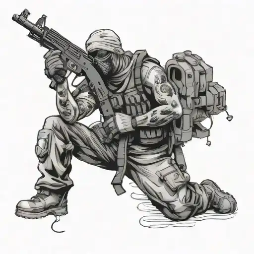 Guy Standing With Ak 47 Rifle And Mask Holding