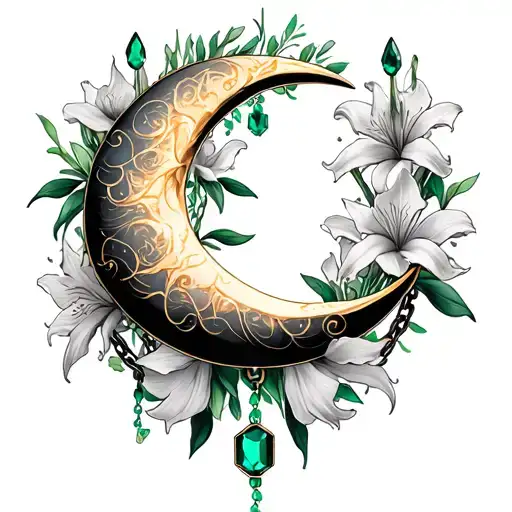 Crescent Moon Surrounded By Gladiolus Flowers With Emerald Chains