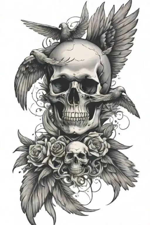 Skull With Wings And Birds In The Background