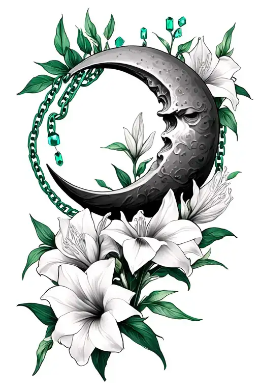 Crescent Moon Surrounded By Gladiolus Flowers With Emerald Chains