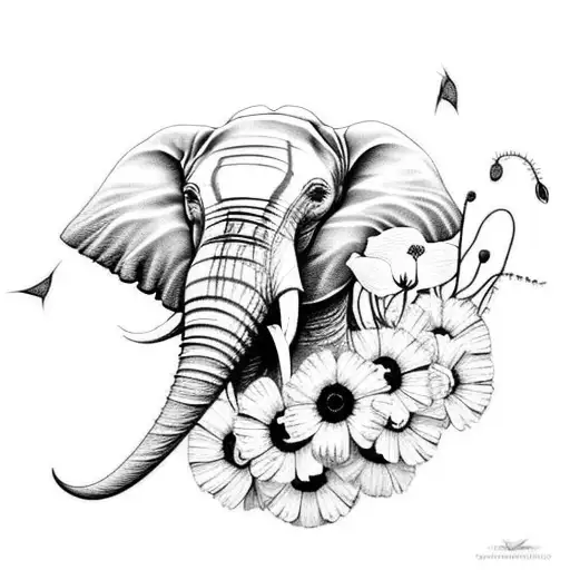 Elephant Head With Poppies And Daisies