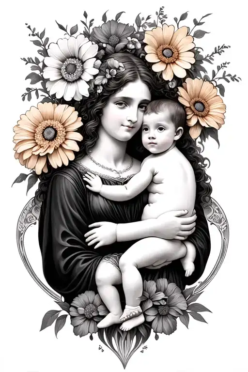 Art Nouveau Mother Holding Infant With Marigolds And Cosmos Flowers