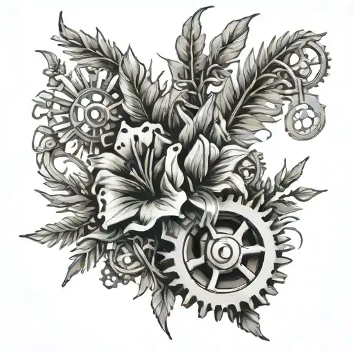 Gentian And Fir Plant On The Arm With Gears In The Middle In Length