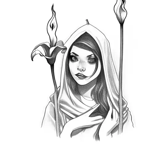 Girl Wearing A Cloak Holding A Candle With Calla Lily And 2 Coins