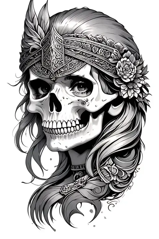 Half Warrior Female Face Half Skull