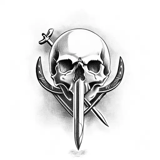 Skull With A Trident Stuck From Top To Bottom Coming Out Of The Mouth